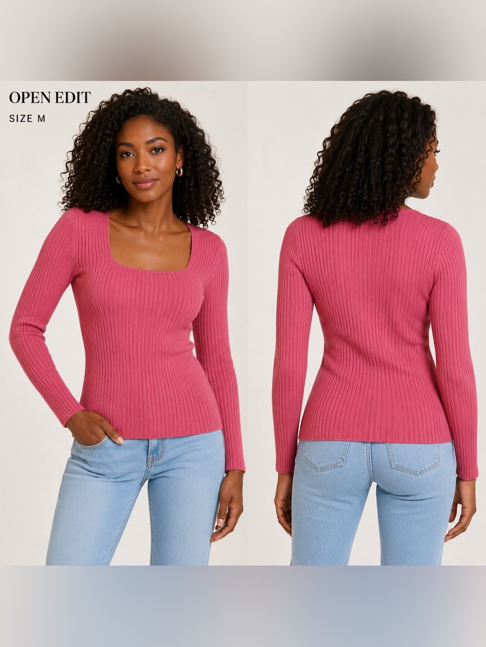 OPEN EDIT rib scoop neck pink preppy sweater / size M Cottagecore fall winter
